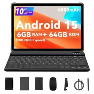 PRITOM 10.1 Inch Android 15 Tablet, With Keyboard & Mouse & Case & Stylus, 6000mAh battery, 8MP, 64GB ROM, Good choice for Festival Gift, Summer Sale best bundle