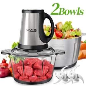 SPZTJK Robot de corte eléctrico multifuncional de， picadora de carne eléctrica multifunción, trituradora, dos cuencos（acero inoxidable y vidrio）y cuchillas，para picar y triturar, ideal para verduras, ajo, ensalada, alimentos para bebés